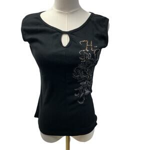 Harley Davidson Black Bedazzled Floral Tank Y2K Girls XL Cotton Biker Punk‎